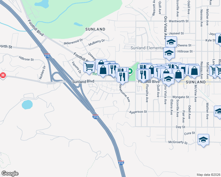 map of restaurants, bars, coffee shops, grocery stores, and more near 10500 Sunland Boulevard in Los Angeles