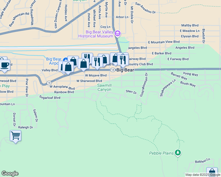 map of restaurants, bars, coffee shops, grocery stores, and more near 129 West Rainbow Boulevard in Big Bear