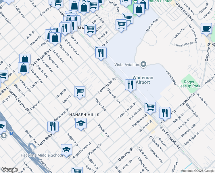 map of restaurants, bars, coffee shops, grocery stores, and more near 13066 Terra Bella Street in Los Angeles