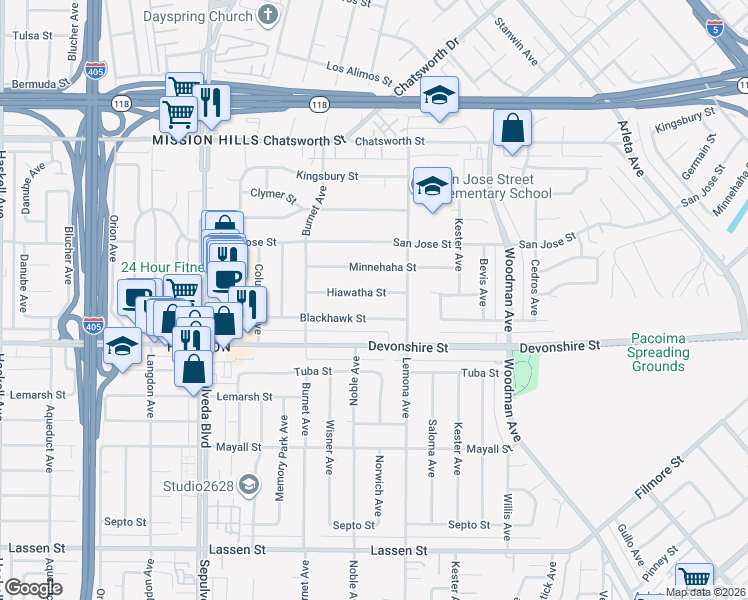 map of restaurants, bars, coffee shops, grocery stores, and more near 15023 Blackhawk Street in Los Angeles