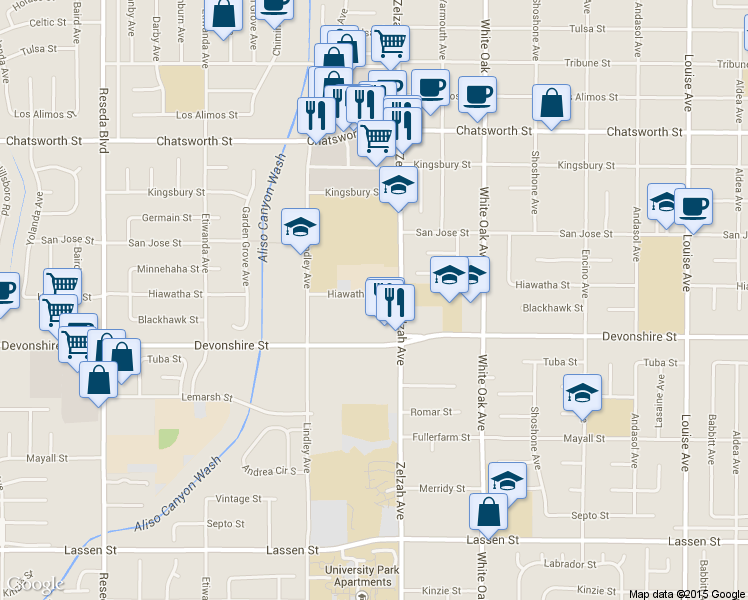 map of restaurants, bars, coffee shops, grocery stores, and more near 10331 Zelzah Avenue in Los Angeles