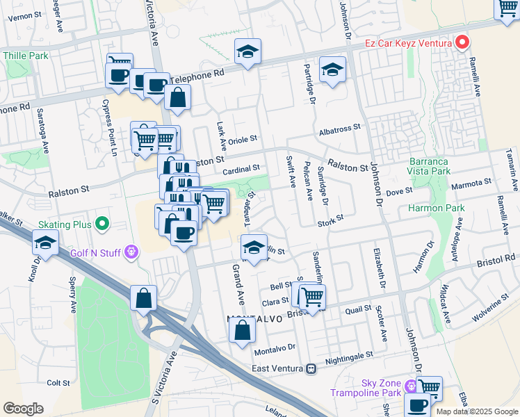 map of restaurants, bars, coffee shops, grocery stores, and more near 6276 Turnstone Street in Ventura