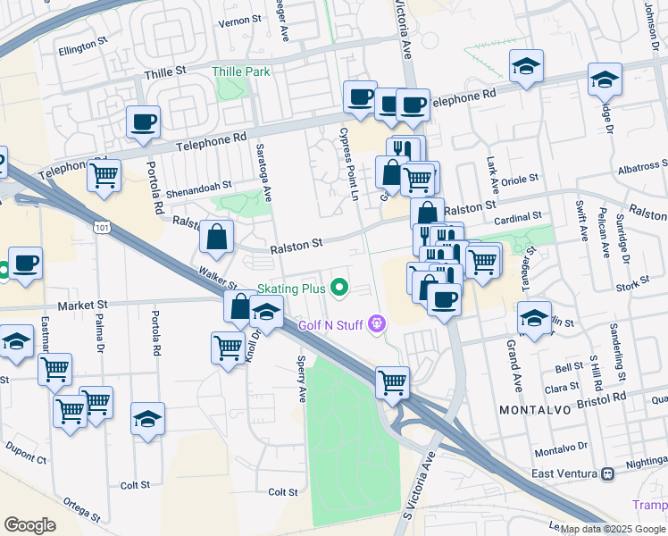 map of restaurants, bars, coffee shops, grocery stores, and more near 1620 Mesa Verde Avenue in Ventura
