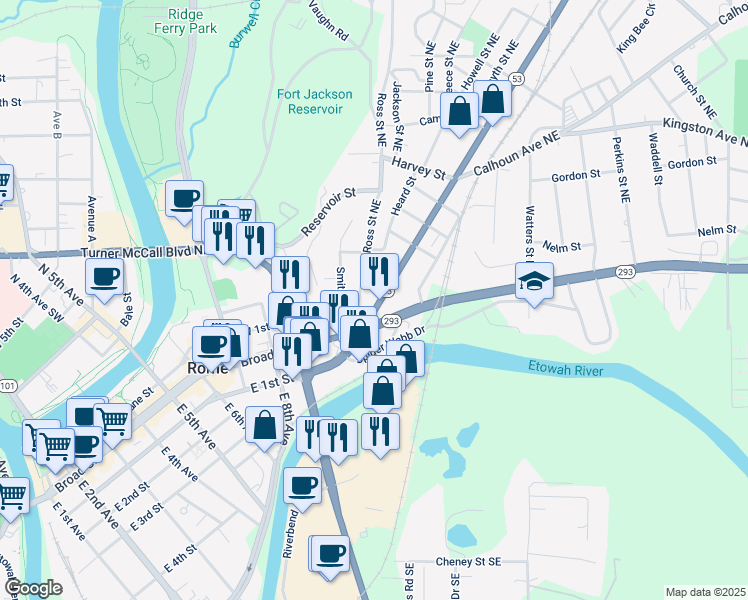 map of restaurants, bars, coffee shops, grocery stores, and more near 1019 North Broad Street in Rome