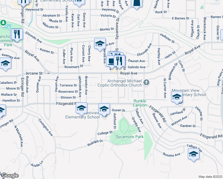 map of restaurants, bars, coffee shops, grocery stores, and more near 2467 Invar Court in Simi Valley