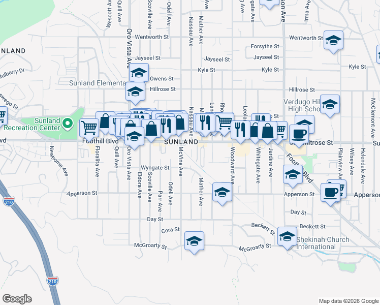 map of restaurants, bars, coffee shops, grocery stores, and more near 10424 McVine Avenue in Los Angeles