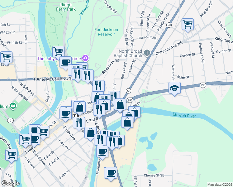 map of restaurants, bars, coffee shops, grocery stores, and more near 7 Ross Street Northeast in Rome
