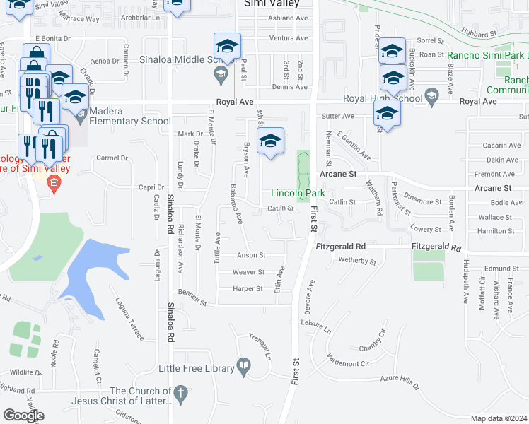 map of restaurants, bars, coffee shops, grocery stores, and more near 842 Catlin Street in Simi Valley