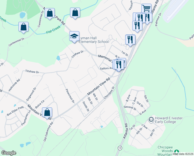 map of restaurants, bars, coffee shops, grocery stores, and more near 2130 Mountain View Road in Gainesville