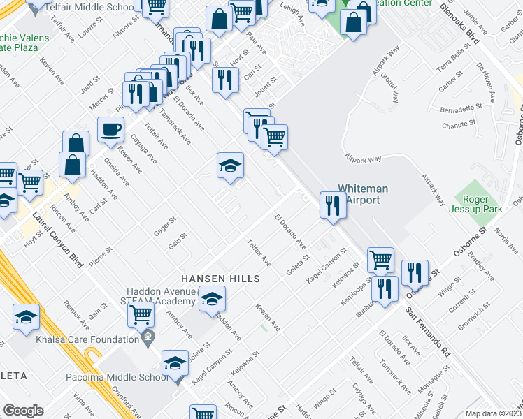map of restaurants, bars, coffee shops, grocery stores, and more near 13071 Terra Bella Street in Los Angeles