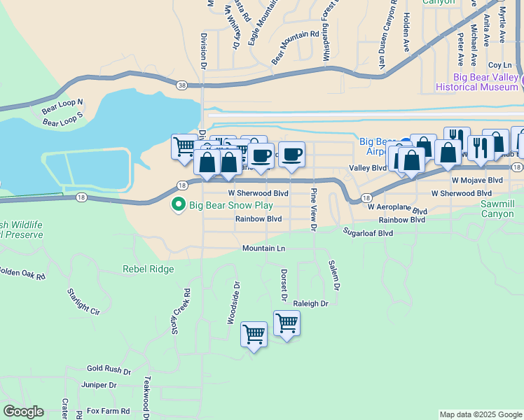 map of restaurants, bars, coffee shops, grocery stores, and more near 925 Rainbow Boulevard in Big Bear