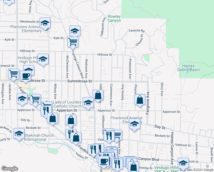 map of restaurants, bars, coffee shops, grocery stores, and more near 10446 Hillhaven Avenue in Los Angeles