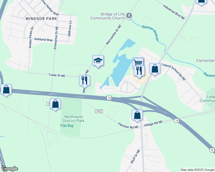 map of restaurants, bars, coffee shops, grocery stores, and more near 1116 Jordan Lake Court in Leland