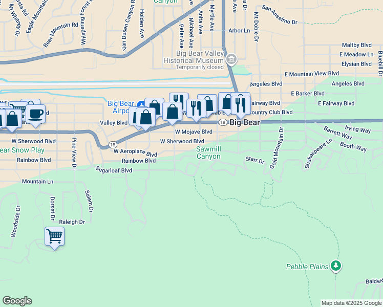map of restaurants, bars, coffee shops, grocery stores, and more near 314 West Aeroplane Boulevard in Big Bear