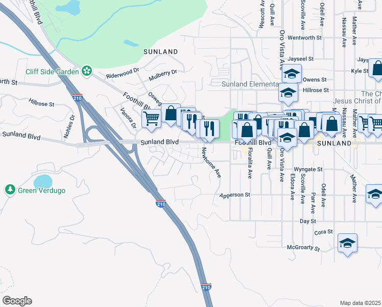 map of restaurants, bars, coffee shops, grocery stores, and more near 10512 Sunland Boulevard in Los Angeles