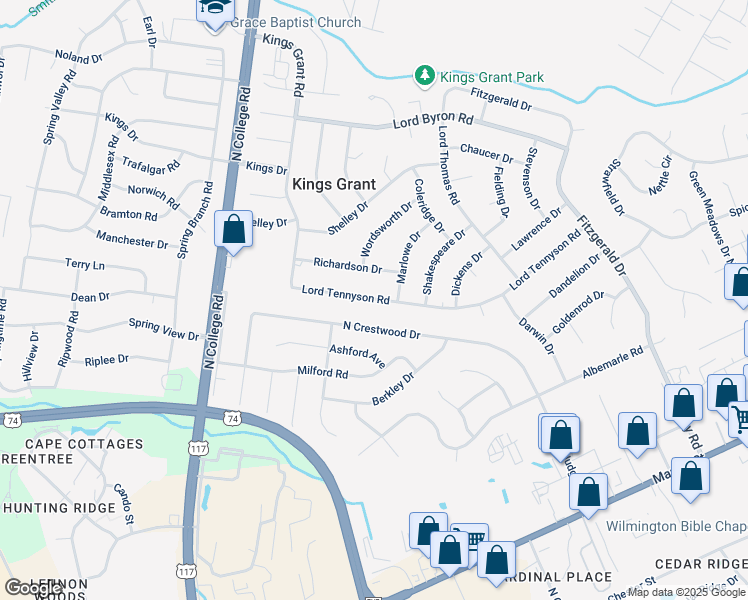 map of restaurants, bars, coffee shops, grocery stores, and more near 5018 Lord Tennyson Road in Wilmington