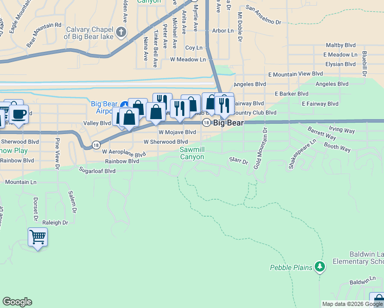 map of restaurants, bars, coffee shops, grocery stores, and more near 214 West Aeroplane Boulevard in Big Bear
