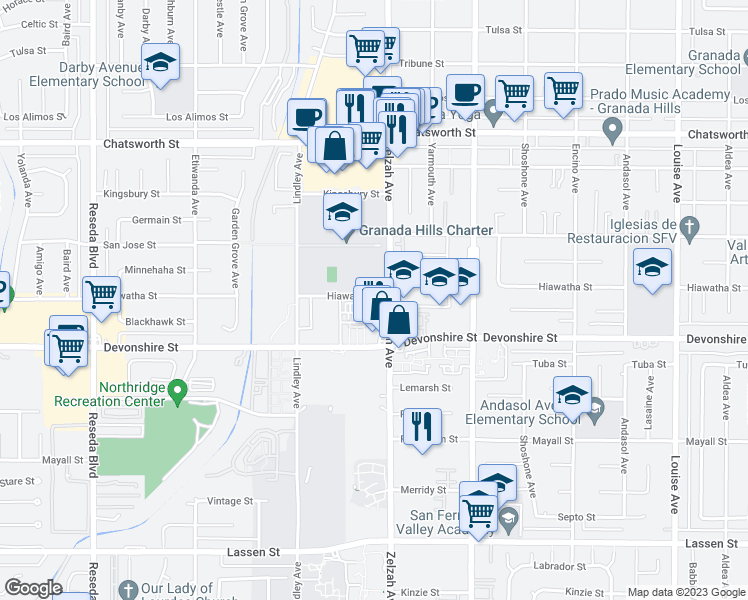 map of restaurants, bars, coffee shops, grocery stores, and more near 17900 Hiawatha Street in Los Angeles