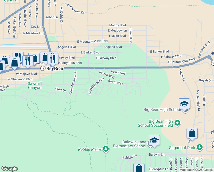map of restaurants, bars, coffee shops, grocery stores, and more near 501 Bernhardt Lane in Big Bear