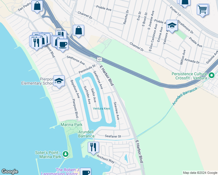 map of restaurants, bars, coffee shops, grocery stores, and more near 912 Sandpiper Court in Ventura