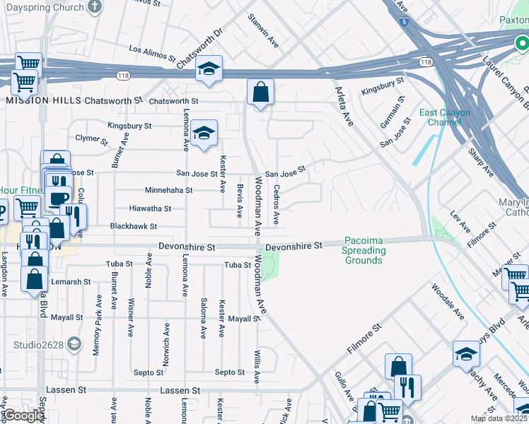 map of restaurants, bars, coffee shops, grocery stores, and more near 10354 Woodman Avenue in Los Angeles