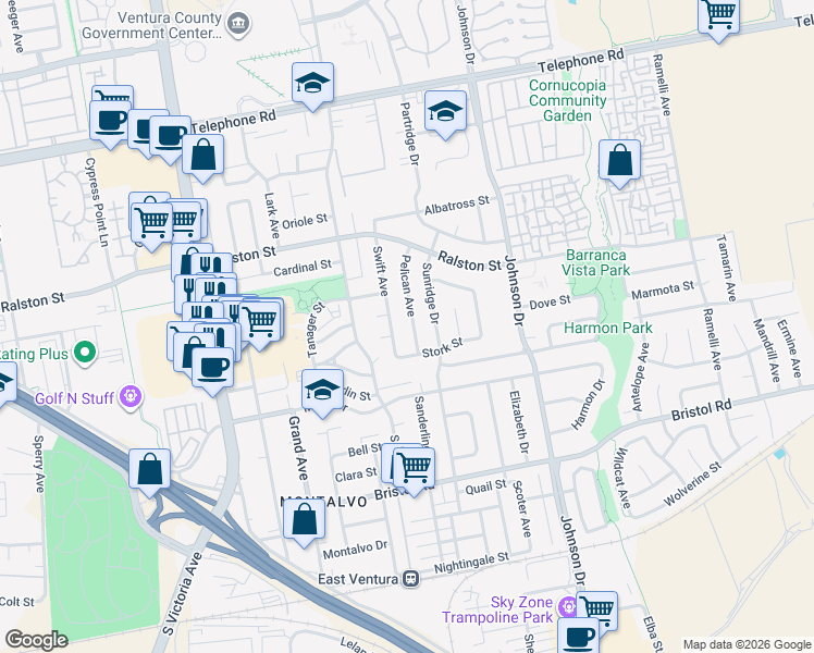 map of restaurants, bars, coffee shops, grocery stores, and more near 1877 Pelican Avenue in Ventura