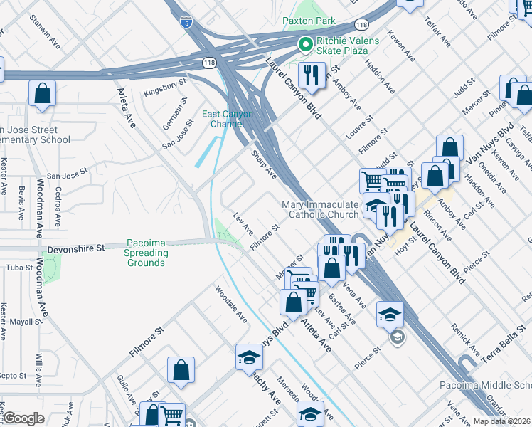 map of restaurants, bars, coffee shops, grocery stores, and more near 10365 Patrick Avenue in Los Angeles