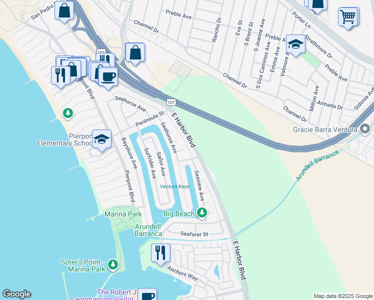 map of restaurants, bars, coffee shops, grocery stores, and more near 912 Sandpiper Court in Ventura