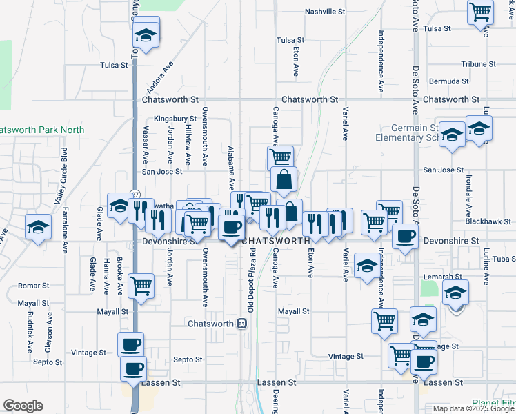map of restaurants, bars, coffee shops, grocery stores, and more near 10341 Canoga Avenue in Los Angeles