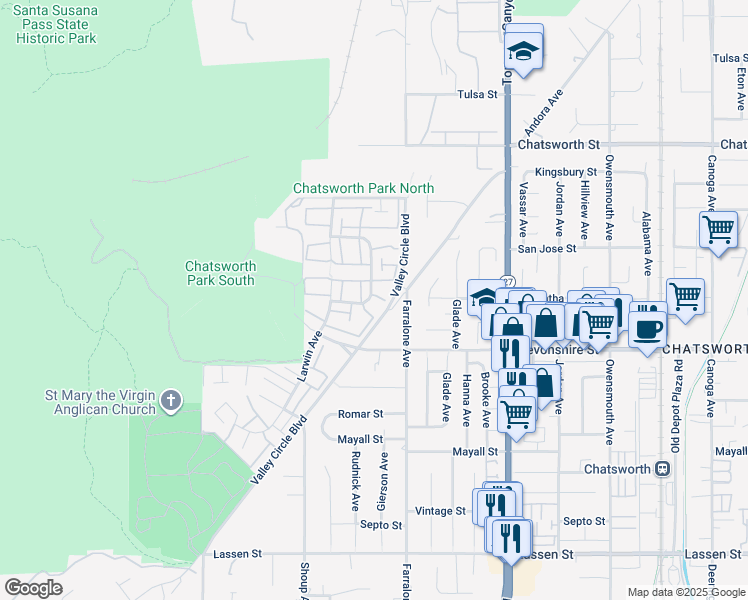 map of restaurants, bars, coffee shops, grocery stores, and more near 22312 James Alan Circle in Los Angeles