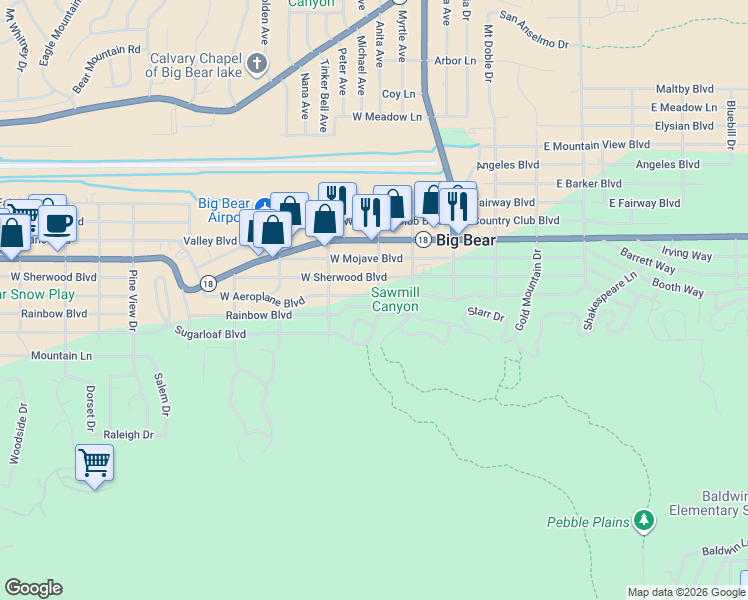 map of restaurants, bars, coffee shops, grocery stores, and more near in Big Bear