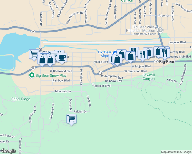 map of restaurants, bars, coffee shops, grocery stores, and more near 140 Winding Lane in Big Bear