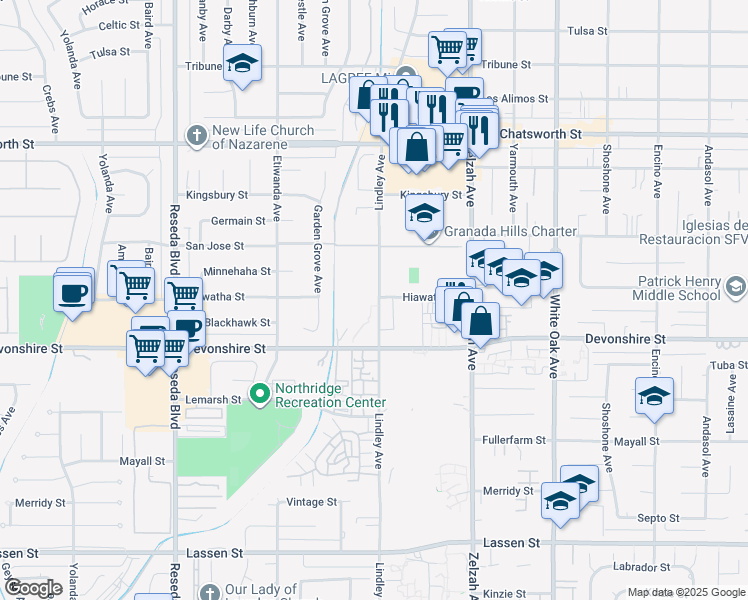 map of restaurants, bars, coffee shops, grocery stores, and more near 10342 Lindley Avenue in Los Angeles