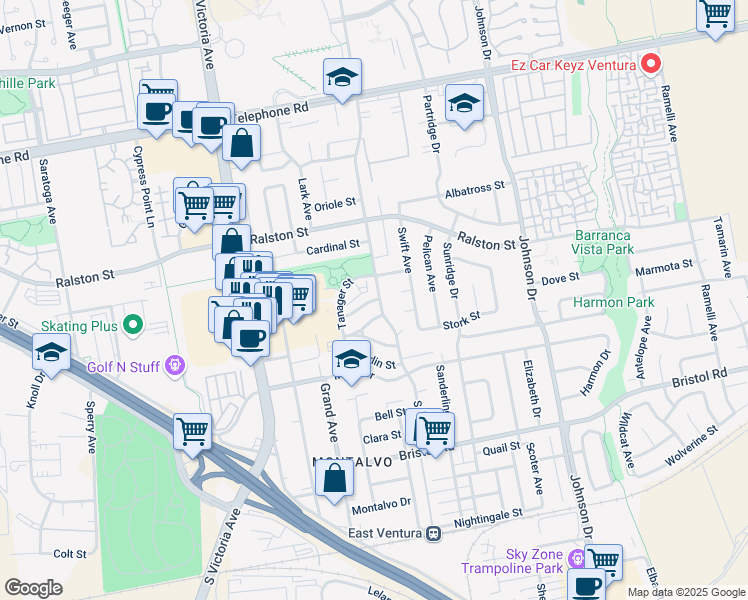 map of restaurants, bars, coffee shops, grocery stores, and more near 1880 South Hill Road in Ventura