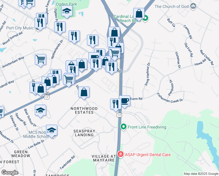 map of restaurants, bars, coffee shops, grocery stores, and more near 4829 Atrium Court in Wilmington