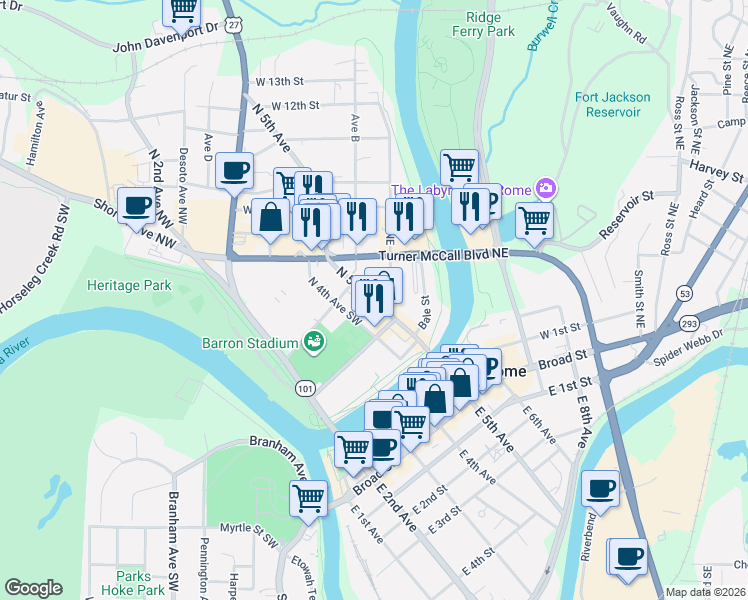 map of restaurants, bars, coffee shops, grocery stores, and more near 315 North 5th Avenue in Rome