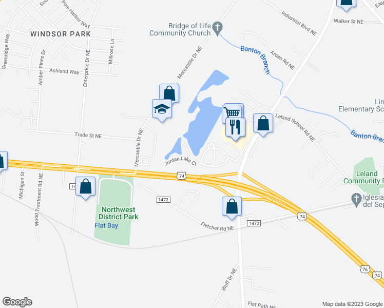 map of restaurants, bars, coffee shops, grocery stores, and more near 1212 Kerr Lake Drive in Leland