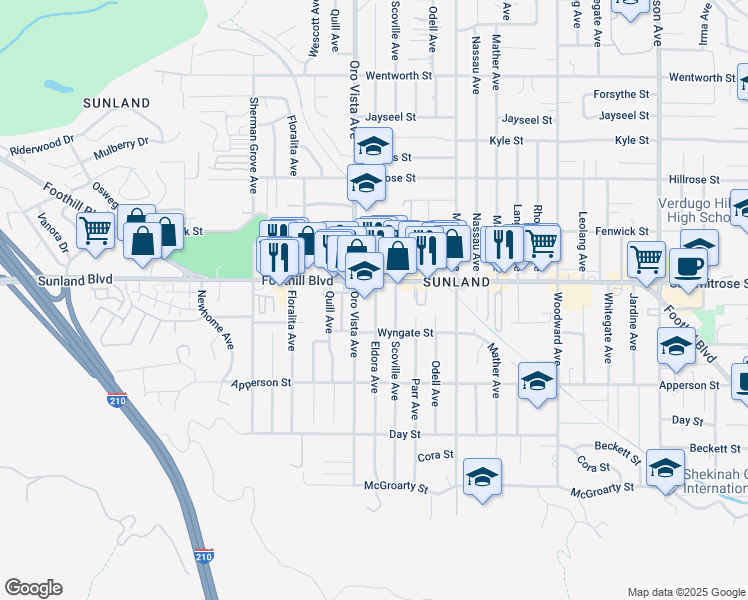 map of restaurants, bars, coffee shops, grocery stores, and more near 10439 Eldora Avenue in Los Angeles