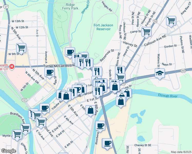 map of restaurants, bars, coffee shops, grocery stores, and more near 0 Martha Berry Highway in Rome