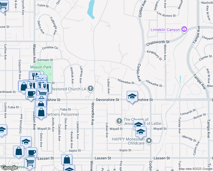 map of restaurants, bars, coffee shops, grocery stores, and more near 10405 Lubao Avenue in Los Angeles