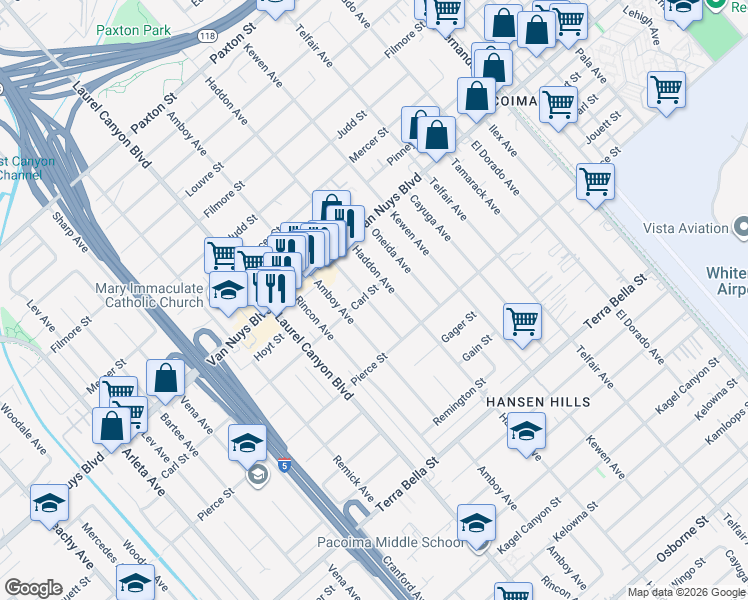 map of restaurants, bars, coffee shops, grocery stores, and more near 10358 O'Melveny Avenue in Los Angeles