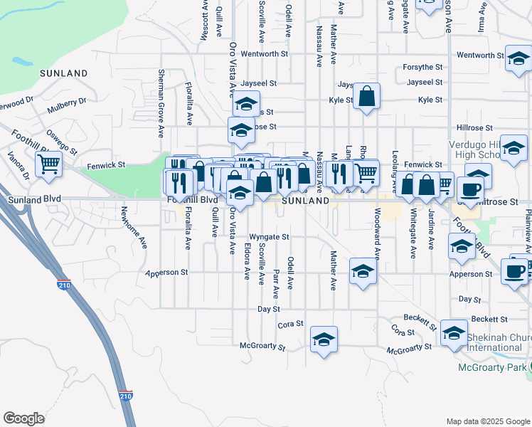 map of restaurants, bars, coffee shops, grocery stores, and more near 10423 Scoville Avenue in Los Angeles