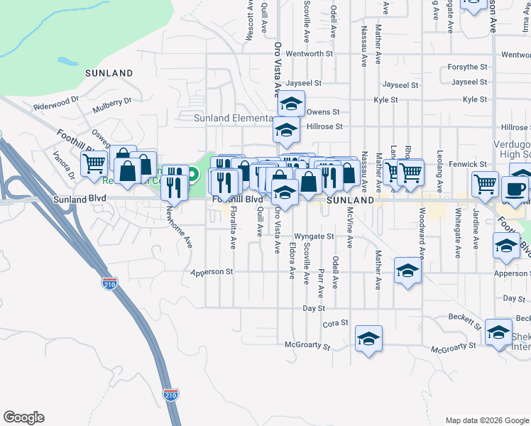 map of restaurants, bars, coffee shops, grocery stores, and more near 10440 Quill Avenue in Los Angeles