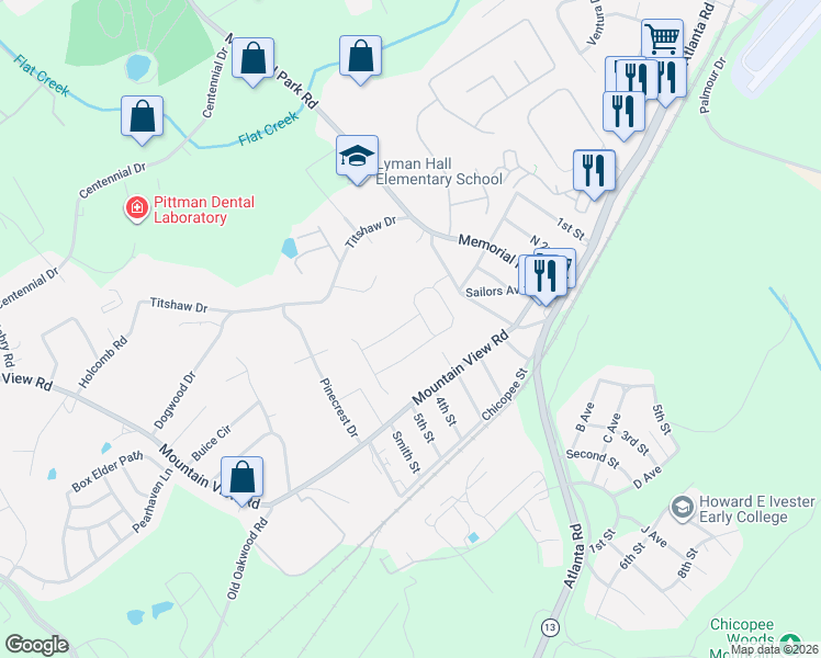map of restaurants, bars, coffee shops, grocery stores, and more near 2372 Mountain View Road in Gainesville