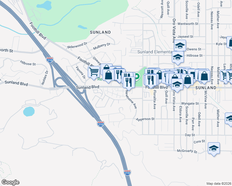 map of restaurants, bars, coffee shops, grocery stores, and more near 10475 Newhome Avenue in Los Angeles