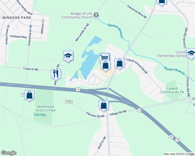 map of restaurants, bars, coffee shops, grocery stores, and more near 1013 Lake Norman Lane in Leland