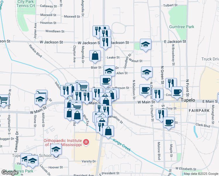 map of restaurants, bars, coffee shops, grocery stores, and more near 720 West Jefferson Street in Tupelo