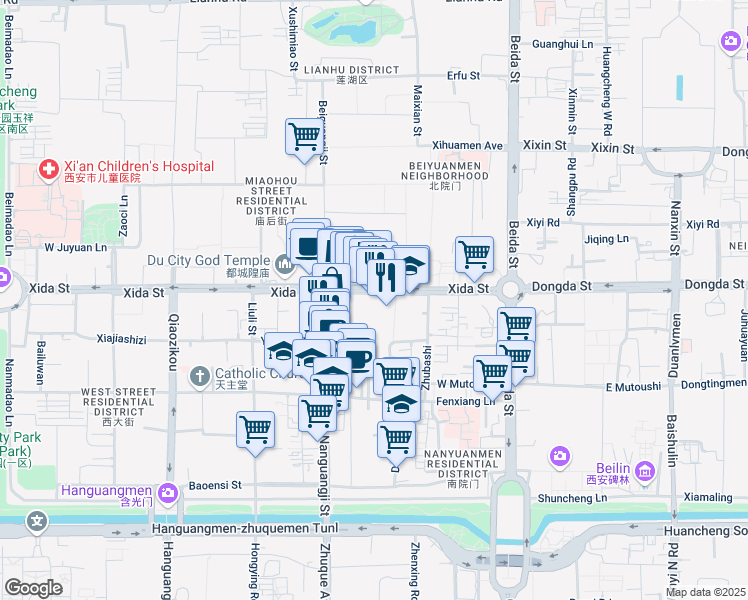 map of restaurants, bars, coffee shops, grocery stores, and more near 6 West Street in Xian Shi