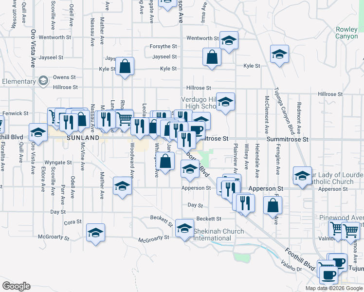map of restaurants, bars, coffee shops, grocery stores, and more near Foothill Blvd & Mt Gleason Ave in Los Angeles