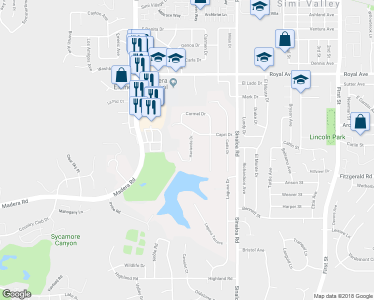 map of restaurants, bars, coffee shops, grocery stores, and more near 1101 Hacienda Drive in Simi Valley